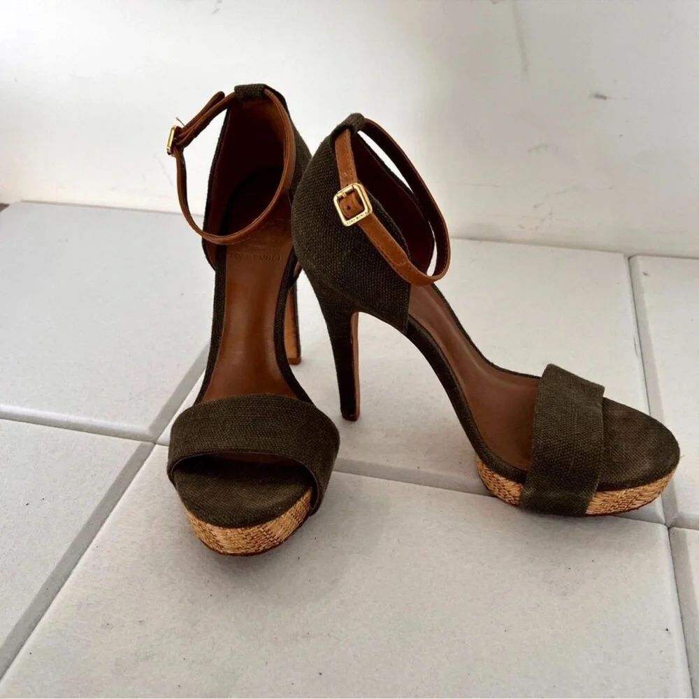 Tory Burch Amina Olive Woven Platform Heels Raffia‎ Ankle Strap 7.5
